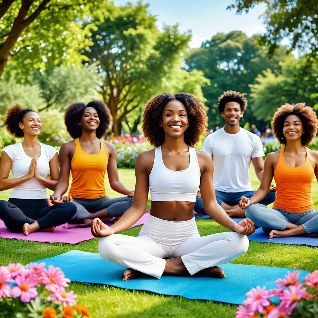 A cheerful group of diverse individuals sharing joyful moments in a vibrant park filled with colorful flowers and lush greenery, showcasing smiles and laughter. Incorporate elements of wellness such as yoga mats, healthy snacks, and uplifting quotes in the background. The atmosphere is bright and sunny, radiating positivity and elation. super-realistic. vibrant colors. 3D.