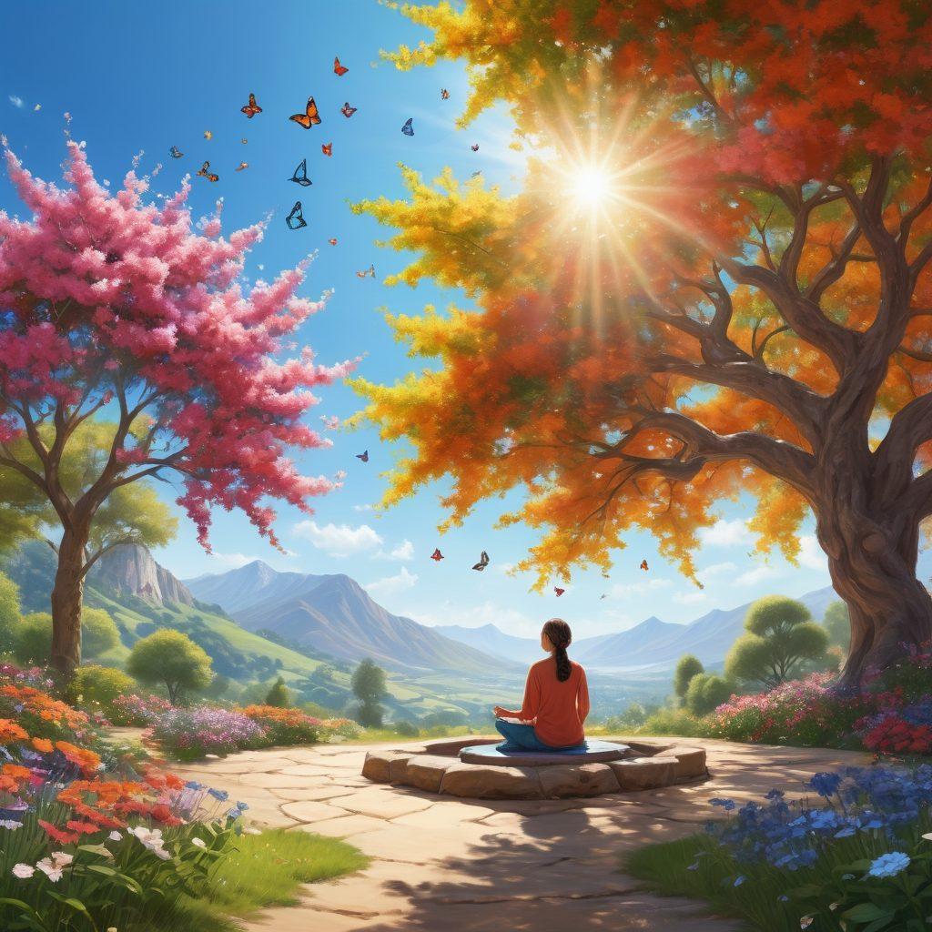 A serene landscape featuring a blossoming garden filled with vibrant flowers, a cheerful person meditating under a tree, and soft sunlight filtering through the leaves. In the background, gentle hills and a clear blue sky create a sense of tranquility and happiness. Elements of mindfulness symbols like a small fountain and colorful butterflies scattered throughout. super-realistic. vibrant colors. uplifting atmosphere.