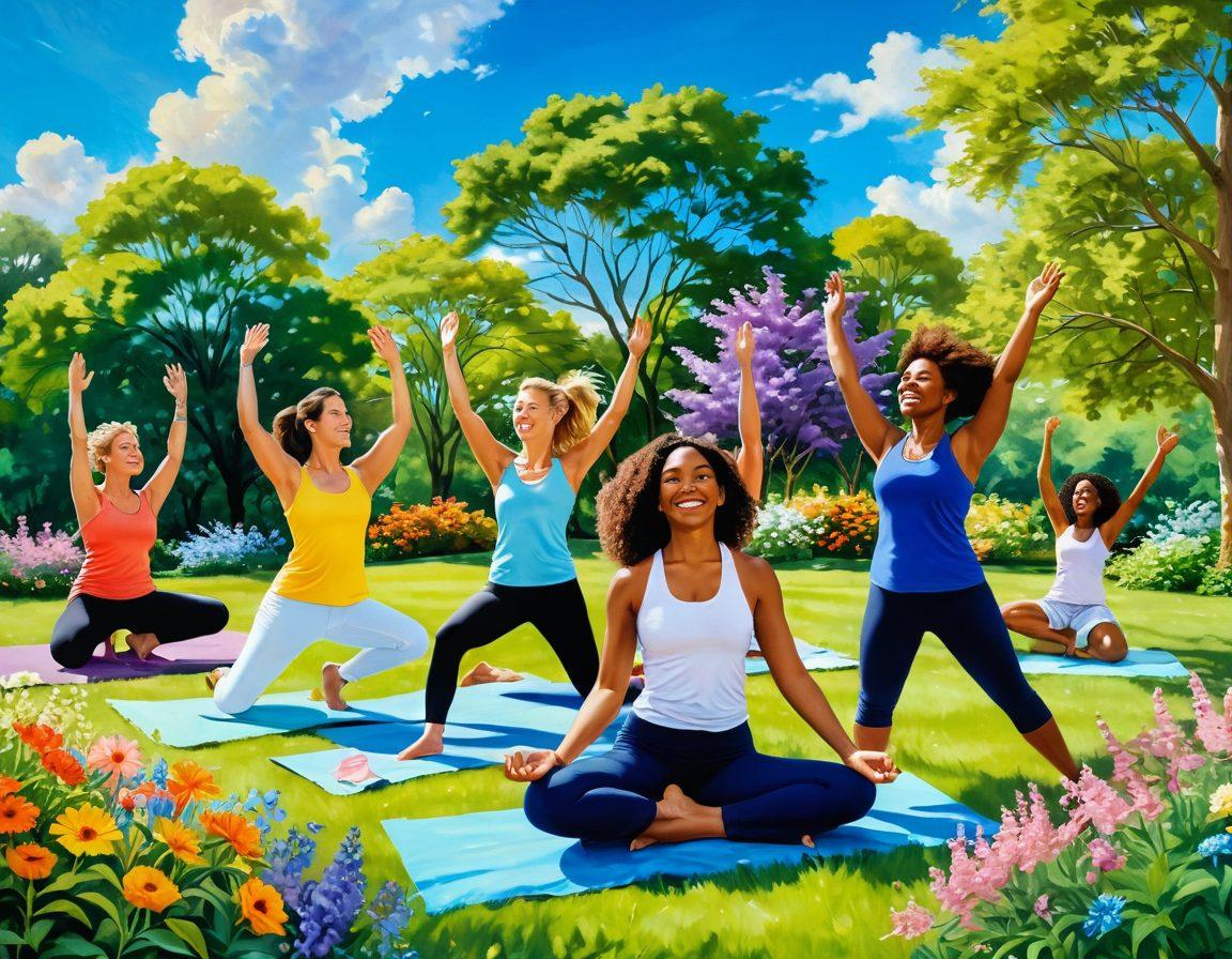 A vibrant scene depicting diverse individuals forming joyful connections in a sunlit park, surrounded by soft pastel-colored flowers and lush greenery. They are sharing laughter, engaging in activities like yoga and painting, with radiant smiles and positive energy radiating from them. The background features a bright blue sky with fluffy clouds, symbolizing growth and optimism. The color palette is warm and inviting, with emphasis on light and joy. super-realistic. vibrant colors.